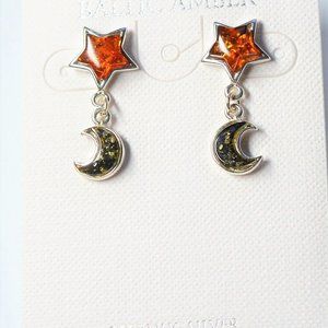Baltic Amber Star and Moon Dangle Earrings